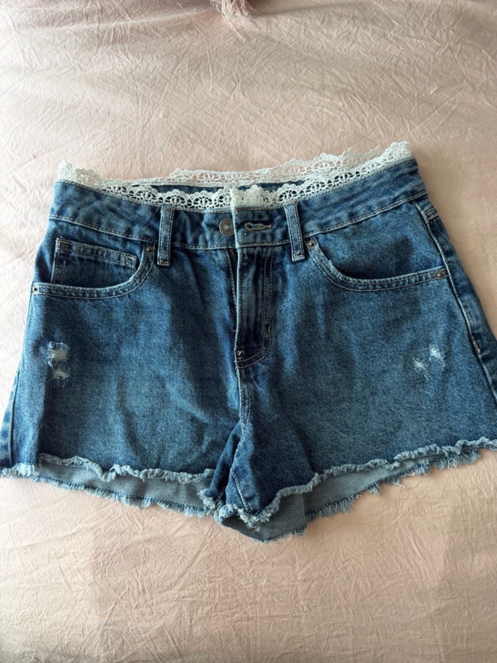 Rewash Lace-Trim High-Rise Denim Shorts - Blue